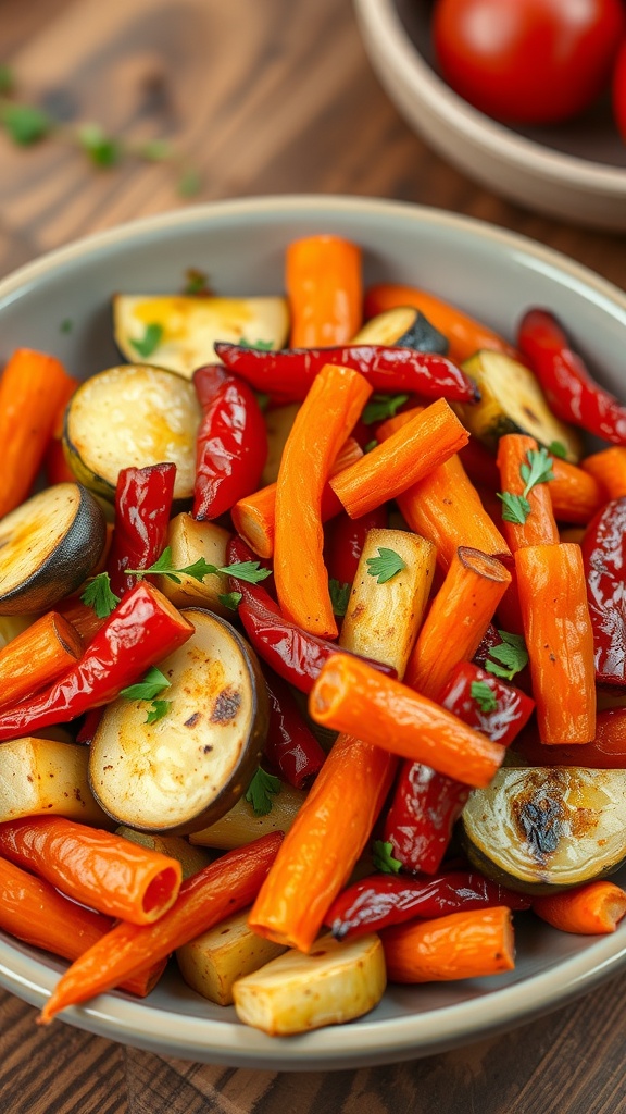 Crispy air-fried vegetables including zucchini, bell peppers, and carrots, garnished with herbs in a bowl.